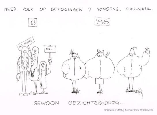 Cartoon van Dirk Volckaerts over het verschil tussen betogingen in 1968 en 1986