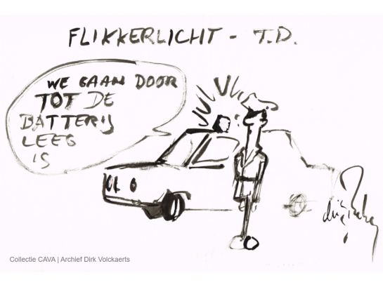 Cartoon van Dirk Volckaerts in het kader van een TD georganiseerd door de studentenkring Flikkerlicht