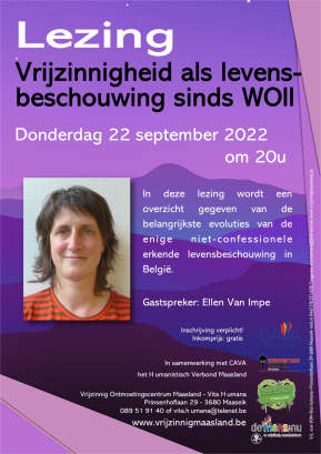 Affiche voor lezing over Vrijzinnigheid als levensbeschouwing sinds WOII