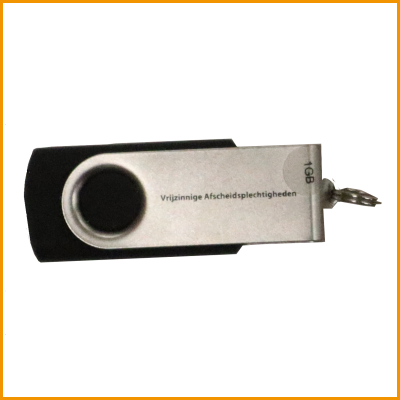 Een afbeeliding van een USB-stick van UVV met de tekst Vrijzinnige afscheidsplechtigheden