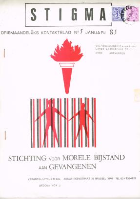 De cover van het tijdschrift Stigma, nummer 5 van januari 1985. Op de cover staat de stichting voor Morele Bijstand aan Gevangenen vermeld.
