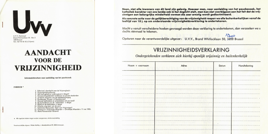 Walter Matthijs, ed., Aandacht voor de vrijzinnigheid. Informatiebrochure naar aanleiding van het pausbezoek (Antwerpen: U.V.V., 1985). (BE CAVA Humanistische Jongeren (HJ), HJ123: Dossier inzake acties rond het pausbezoek, 1985)