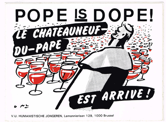 Sticker Humanistische Jongeren ‘Pope is Dope! Le Châteauneuf-du-Pape est arrivé!’, 1985